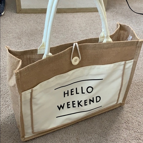 “Hello Weekend“ Woven/Canvas Bag w/ Pocket/Button - Picture 2 of 6